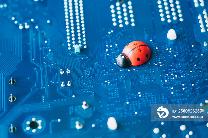 Little red ladybug on a blue motherboard. Concept of computer virus or bug, system failure, problem with technology, software or hardware