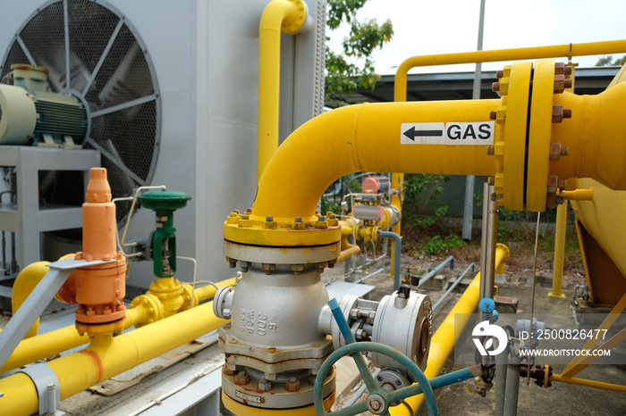 Yellow pipe labelled with the word GAS, process piping