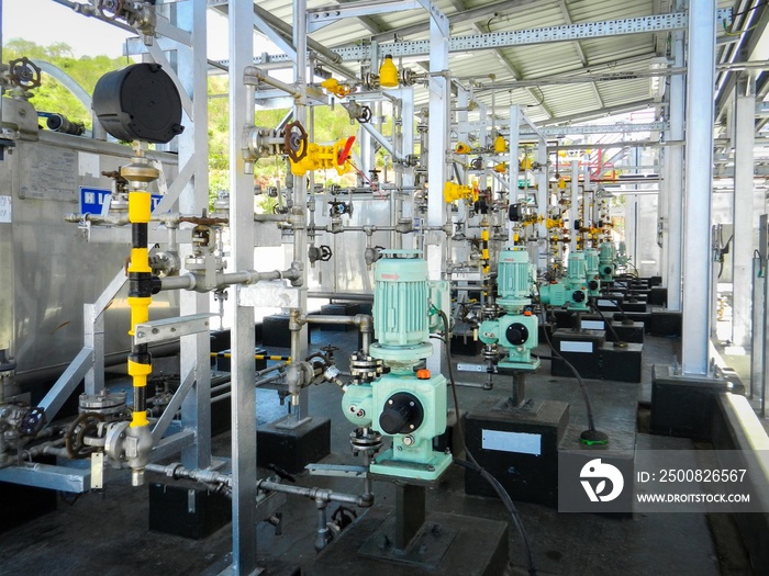 Industrial wastewater treatment plant, chemical dosing pump station. Pumping and piping system.