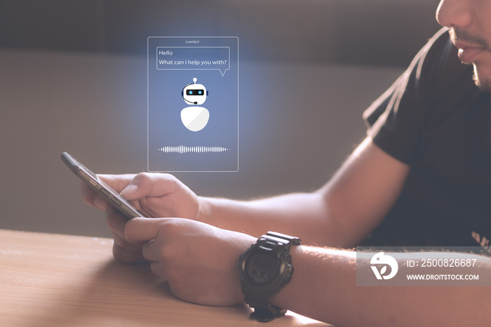 Chatbot Ai Artificial Intelligence technology concept.Man Hands holding mobile phone