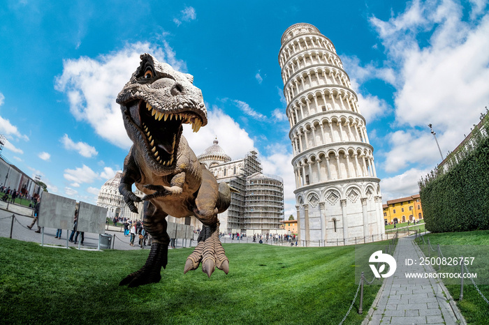 Dinosaurs model with the Leaning Tower of Pisa