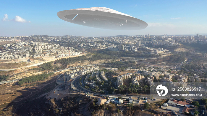 Alien Spaceship ufo Hovering over Jerusalem city-Aerial view , Drone view over Jerusalem with Large flying Sacuer, visual effect element, invasion sci fi concept