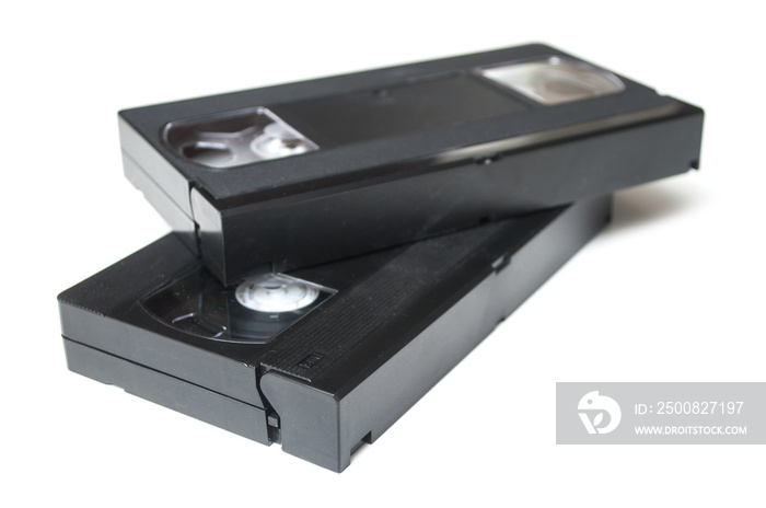 Closeup of vintage VHS Cassettes on white background