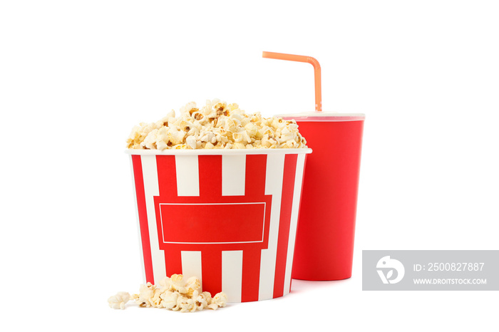 Bucket with popcorn and paper cup isolated on white background