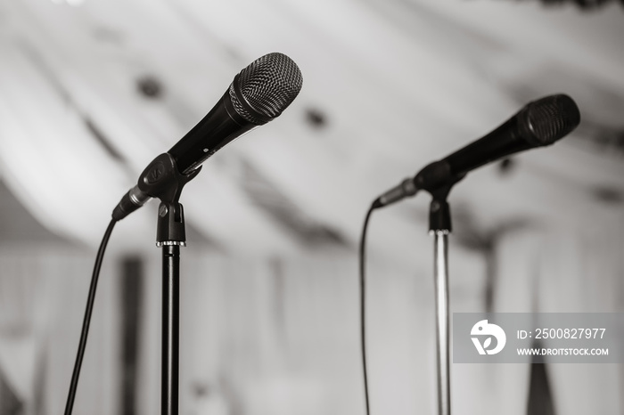 Two microphones on racks. Black and white photo. Microphone on stage. Microphone close-up. A pub. Bar. A restaurant. Classical music. Evening. Night show.