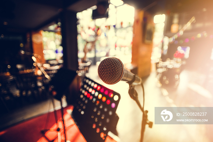 Close up of microphone in conference room or concert hall and event activity