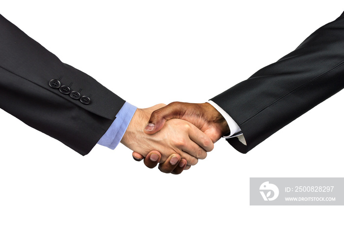 Closeup shot of two businesspeople shaking hands against a white background