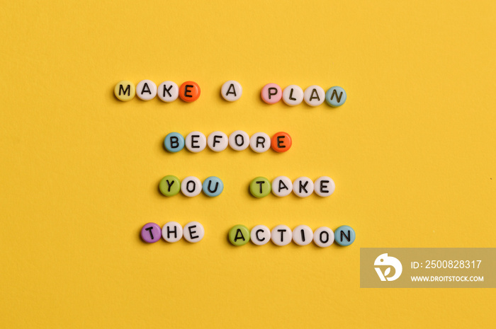 Alphabet beads with text MAKE A PLAN BEFORE YOU TAKE THE ACTION