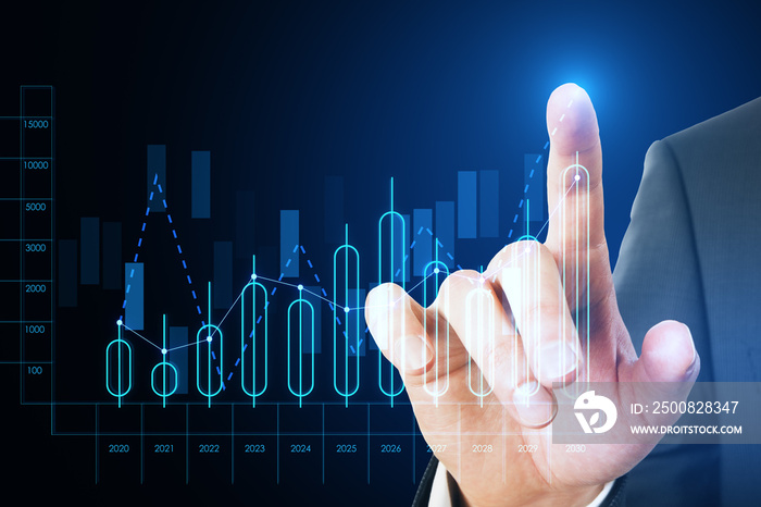 Close up of businessperson hand pointing at growing annual business chart report on blurry background. Analysis and company concept. Double exposure.