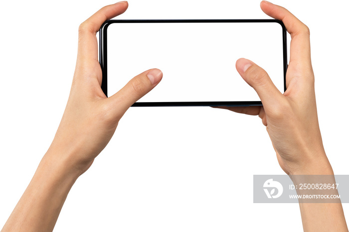 Hand holding smartphone isolated on background. PNG format file.