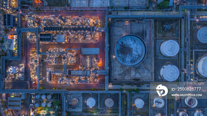 Aerial view oil refinery, refinery plant, refinery factory at night.