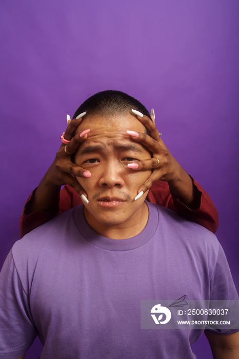 Asian male solo lifestyle studio portrait shot with hands