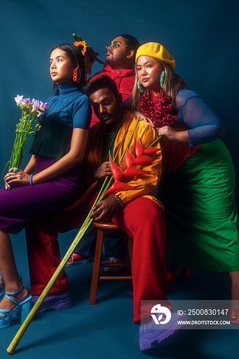 Asian Group fashion colour-blocked studio portrait