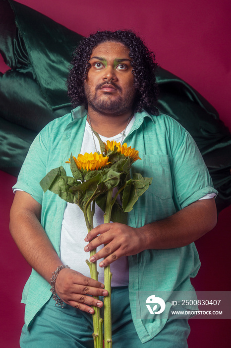 Asian individual fashion colour-blocked studio portrait