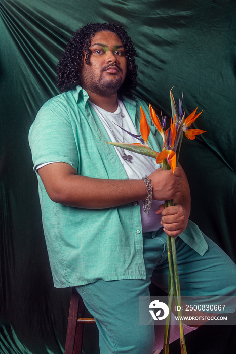 Asian individual fashion colour-blocked studio portrait