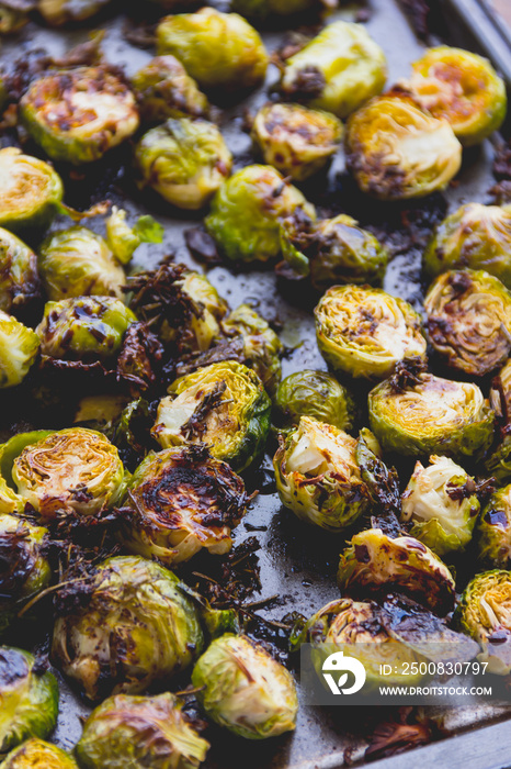 Roasted Brussels Sprouts with Balletic Sauce Served in a Baking Tray