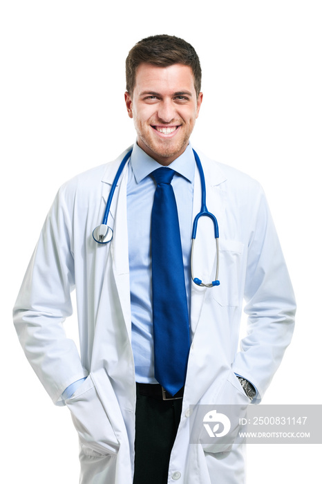 Young confident doctor portrait isolated on white