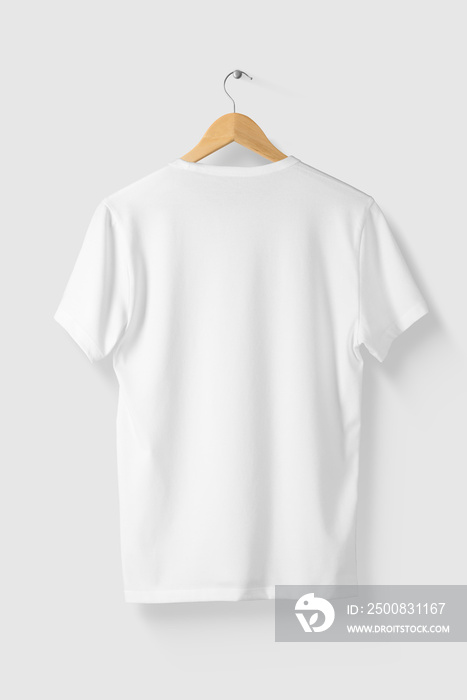 Blank White T-Shirt Mock-up on wooden hanger, rear side view. High resolution.