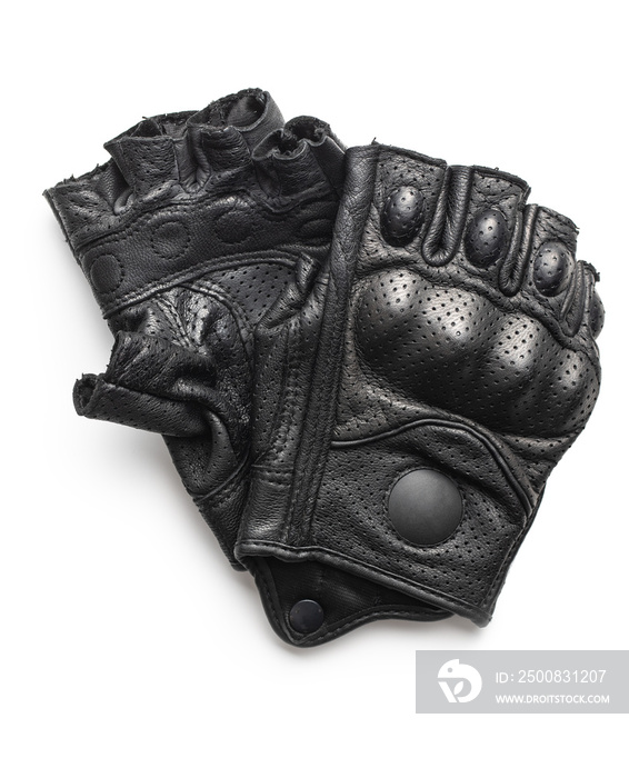 Black motorcycle leather half-finger gloves.