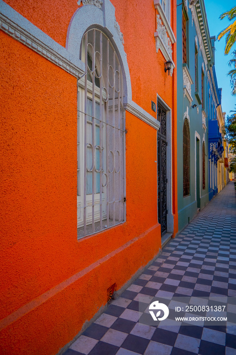 White and black tile sidewalk under a trees shadows in the Barrio Yungay in Santiago, capital of Chile