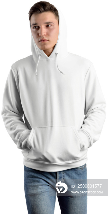 Mockup white hoodie on a guy in jeans, png, stylish sweatshirt with a hood, isolated.