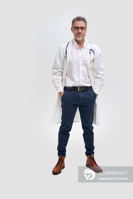 Full length portrait of doctor, general practitioner, physician, medical professional on white, Mid adult, mature age man with gray hair, happy smiling.