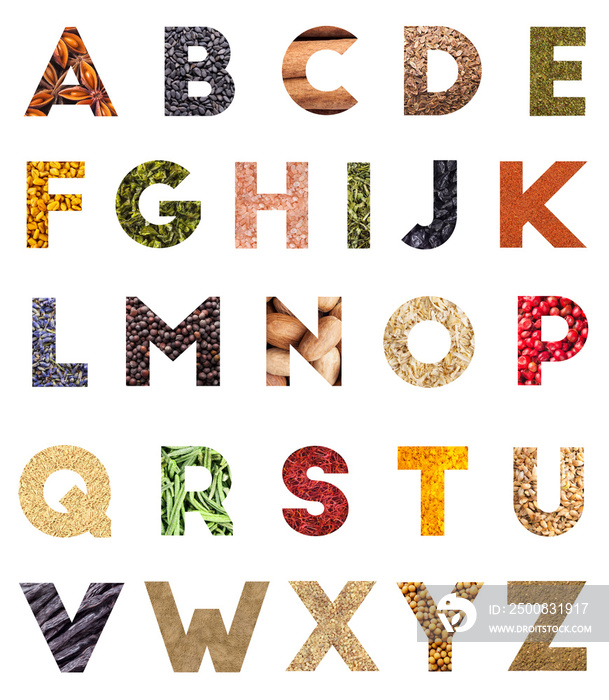 Food alphabet letter made of herbs and spices