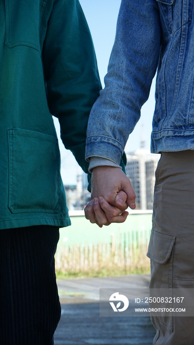 Close-up of gay couple holding hands