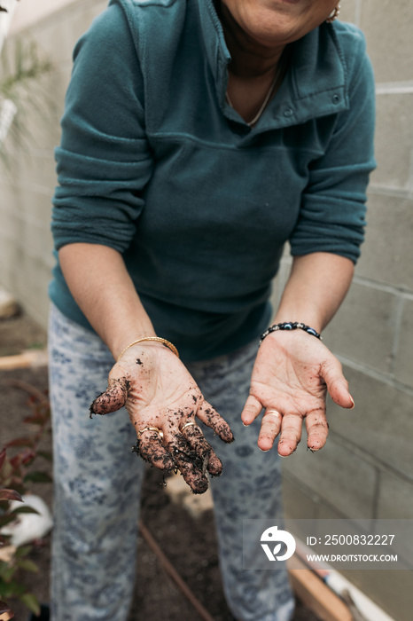 South Asian woman gardening in backyard