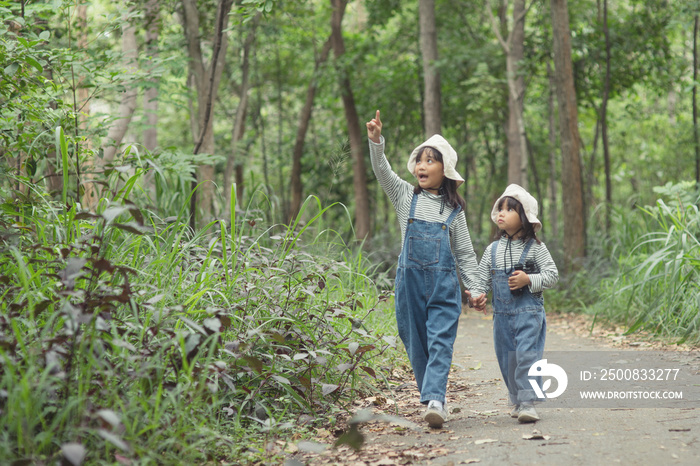 Children are heading to the family campsite in the forest Walk along the tourist route. Camping road. Family travel vacation concept.