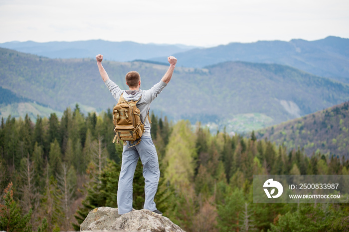 Male hiker with a backpack standing on the edge of a rock, with back to the camera with hands up, against picturesque view of on the green forest and nice mountains