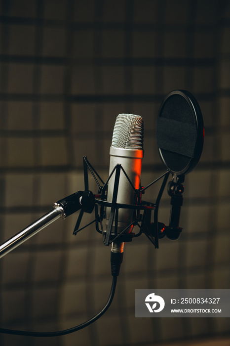 Pan shot of a professional microphone for dubbing and voice over in the sound recording studio. Close up, podcasting concept