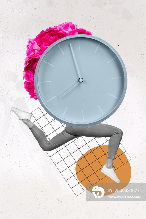 Vertical collage illustration of clock female legs running jumping peony flowers bunch productivity efficiency free self care time concept