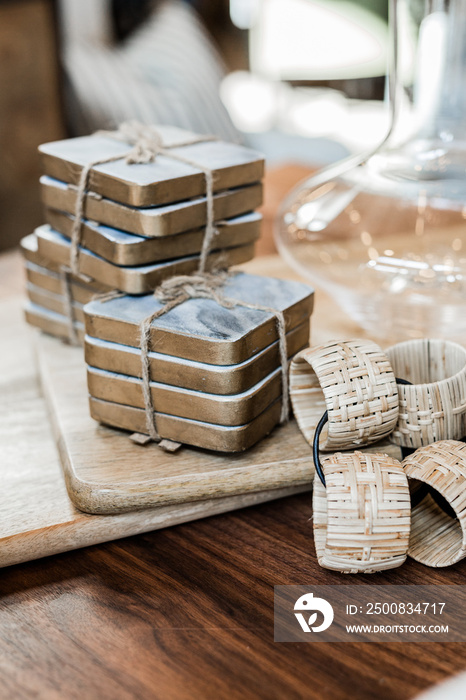 modern gold and marble coasters and woven napkin rings