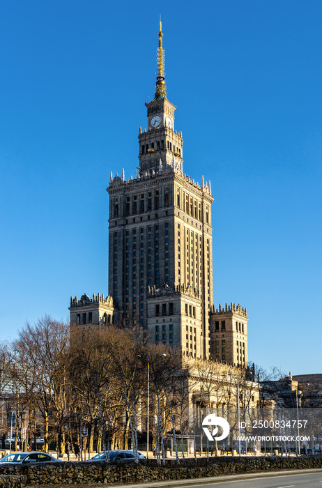 Culture and Science Palace - Palac Kultury - at Plac Defilad square and Emilii Plater street in Srodmiescie downtown district of city center of Warsaw in Poland
