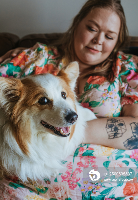 closeup of plus size woman with dog