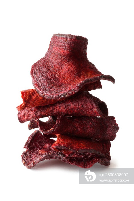 Stack of healthy beet chips isolated on a white background