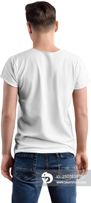 PNG. White t-shirt mockup on guy, isolated on transparent background