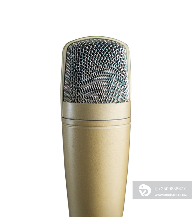 Golden microphone isolated for podcast and music design element