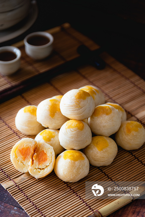 Chinese pastry stuffed salted egg and sweet bean, traditional Asain dessert