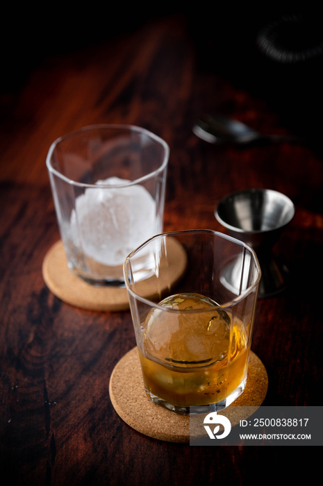 whiskey on the rock with perfect ice ball