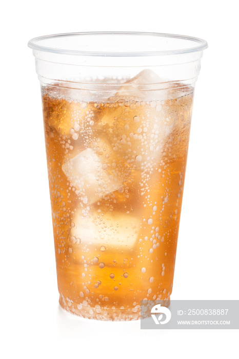 Guarana carbonated drink with ice in a plastic cup isolated on white background