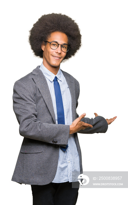 Young african american business man with afro hair wearing glasses Inviting to enter smiling natural with open hand