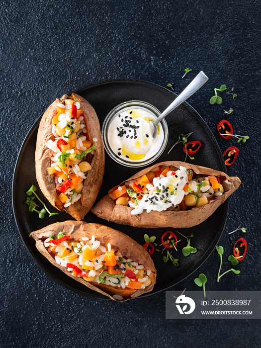 Baked sweet potato or yam, stuffed with chickpeas, rice, vegetables, red chilli pepper and yogurt sauce dressing. Top view, dark background with copy space. Healthy vegan food concept.