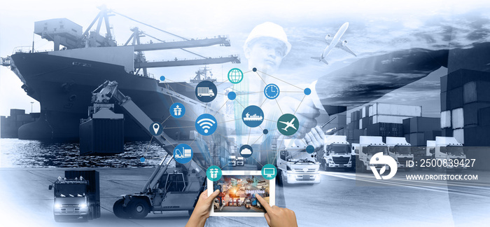 Hand holding tablet is pressing button on touch screen interface in front Logistics Industrial Container Cargo freight ship for Concept of fast or instant shipping, Online goods orders worldwide