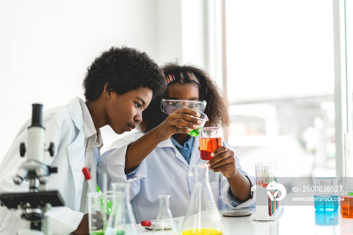 Two african american cute little boy and girl student child learning research and doing a chemical experiment while making analyzing and mixing liquid in test tube at science class on the table