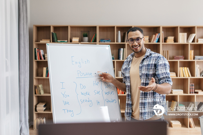 Online education. Portrait of cheerful arab male teacher pointing at whiteboard and explaining English grammar rules