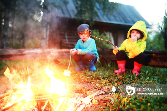 Little children frying marshmallows on bonfire at night. Summer camp