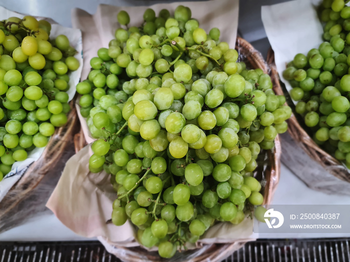 High Angle View of Bunch of Fresh Green Seedless Grape Fruit for Sale