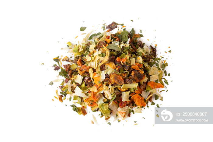 Dry cut and chopped up vegetables mix, spice isolated on white background